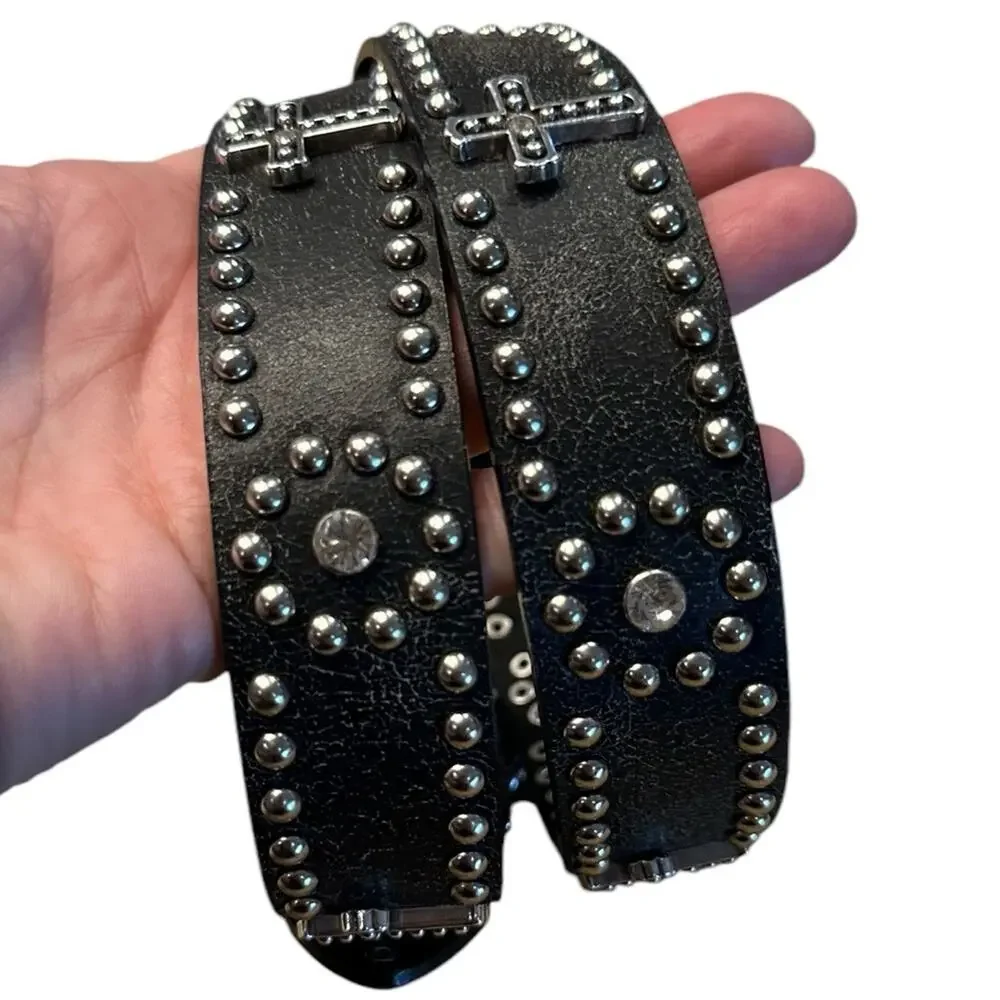 Nocona Boots Western Black & Silver Leather Belt  Silver Studs and Cross Trim 28